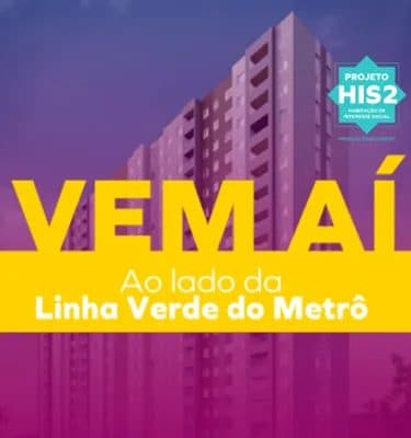 Perspectiva ilustrada da fachada do edifício residencial com texto promocional.