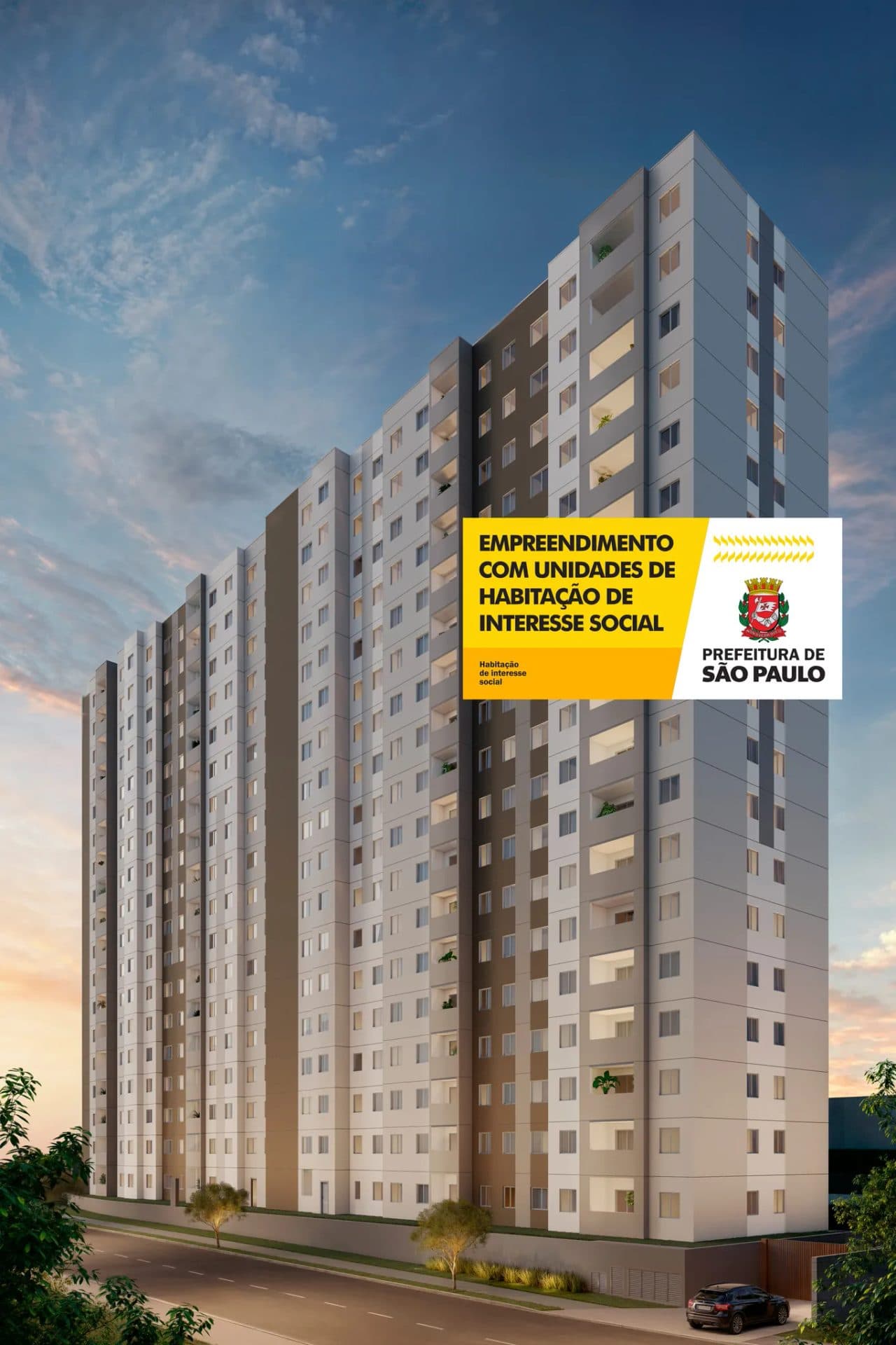 Renderização da fachada completa do prédio com unidades habitacionais e paisagismo.